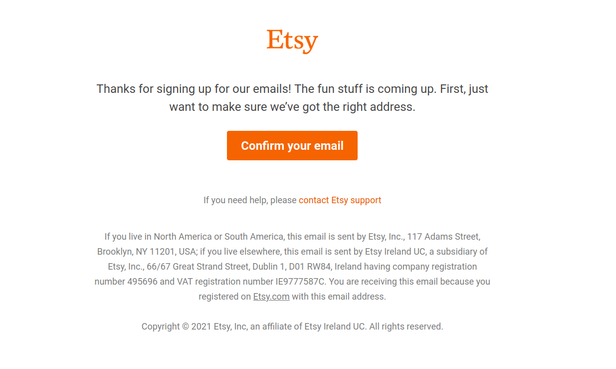 Etsy's email verification email, in GMail