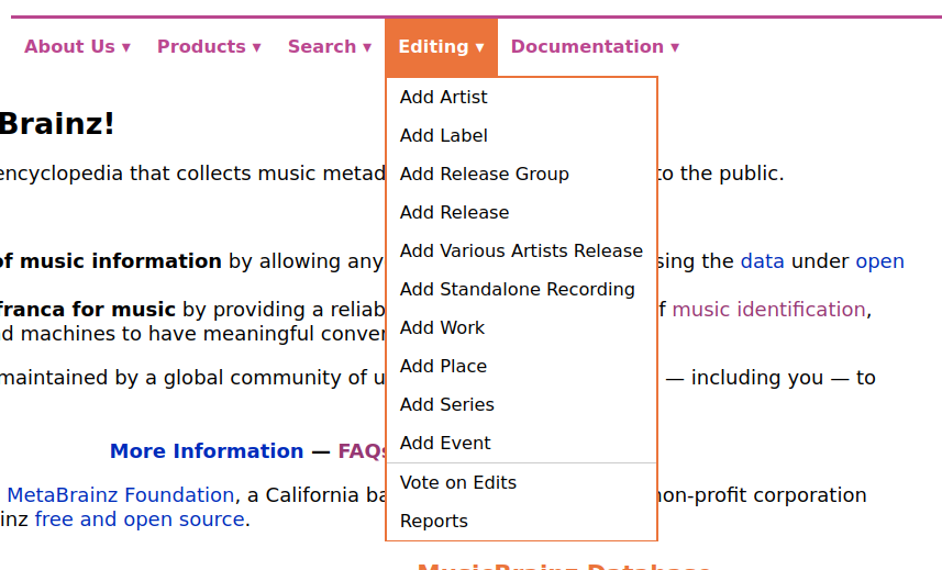 The "Editing" tab on MusicBrainz, showing valid editing options like "Add Artist"