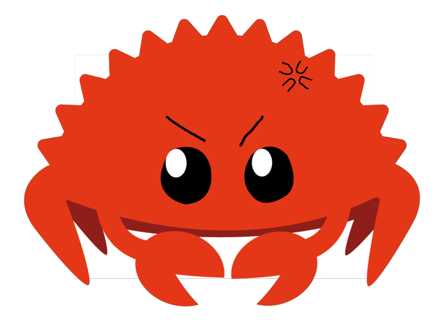A picture of Ferris, the Rust mascot, with a poorly drawn "angry" expression