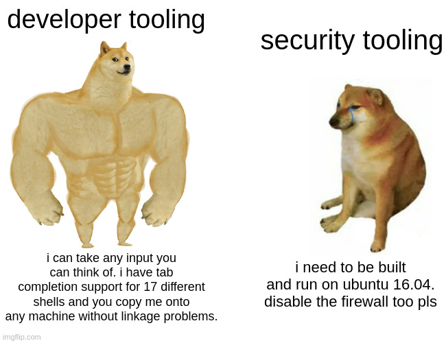 A meme of "buff shibe" and "cheems," comparing the perception of developer tooling to security tooling.